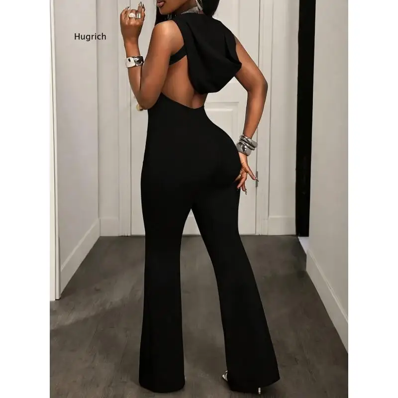Women Hooded Sleeveless Jumpsuit Backless Zipper Design Slim Fit Flared Long Pants Stylish Outfit For Daily Dating And Street O