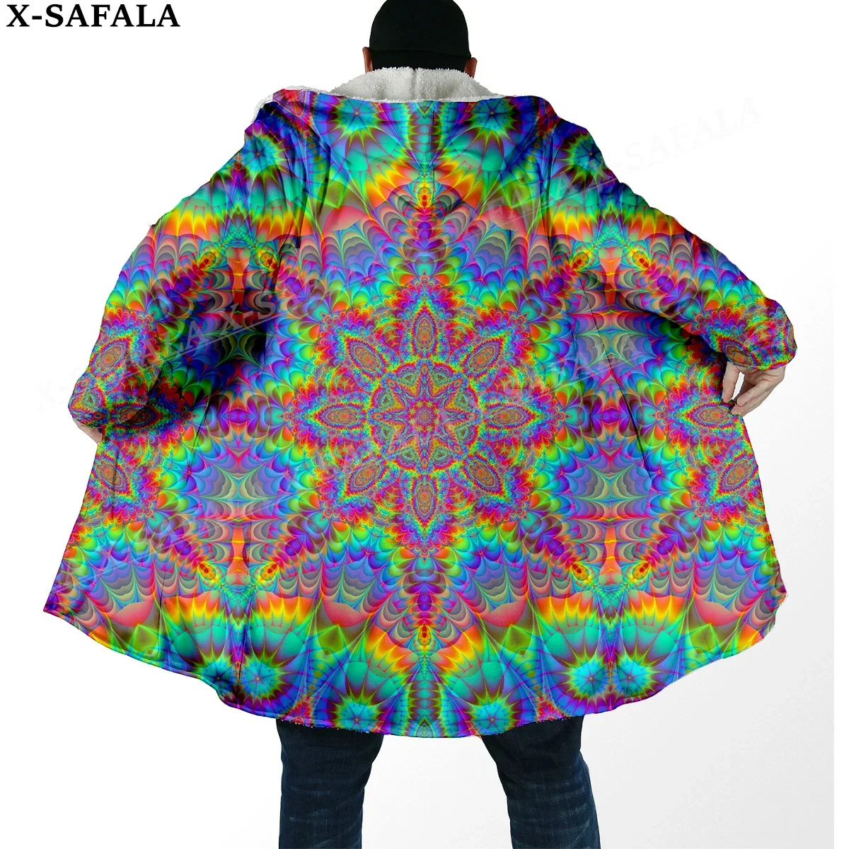 Hippie Psychedelic Colorful Trippy 3D Print Dream Cloak Thick Warm Hooded Men Overcoat Coat Windproof Fleece Cape Robe Blanket-7