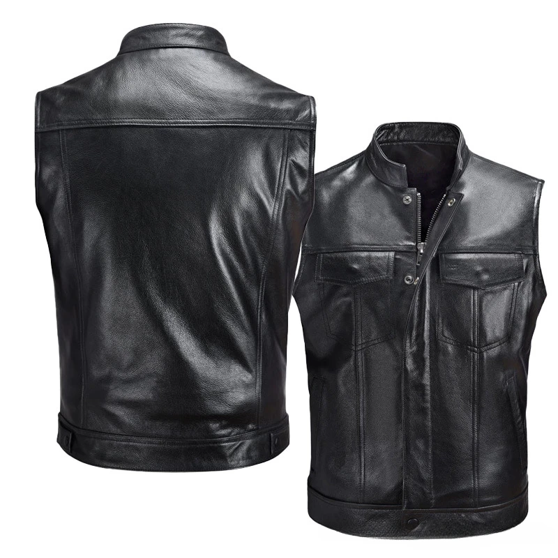 Chaleco de cuero para hombre, chaleco informal con botón y cremallera para motocicleta, Tops de cuero sin mangas Punk Rock PU, novedad de 2024