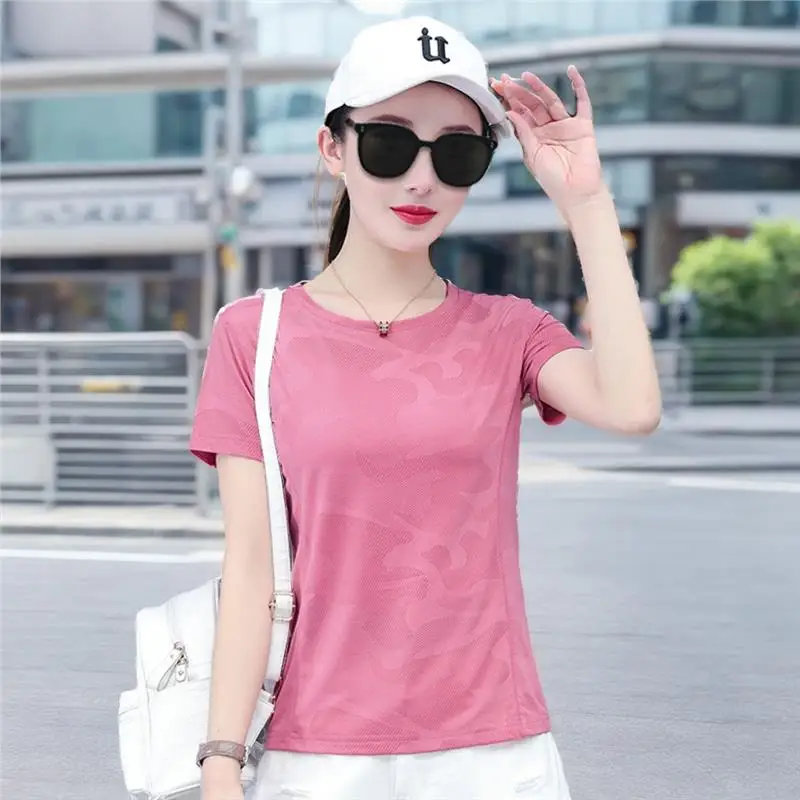 

Qui Dry Yoga T-irt Women's Summer Me ort Sve Outdoor Loose Fitn Clothes Running Sports Wear plus Size round Ne