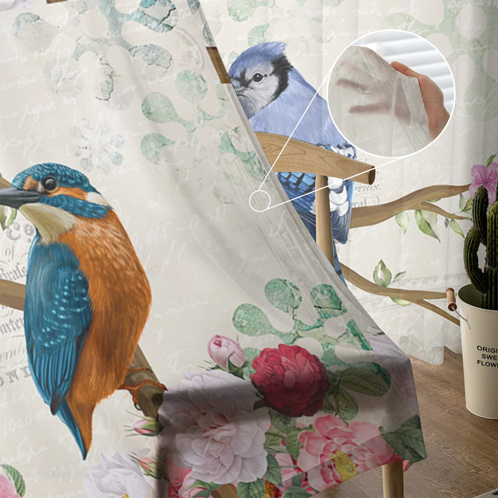 Vintage Flowers And Birds Tulle Curtains for Living Room Bedroom Decoration Transparent Chiffon Sheer Voile Window Curtain