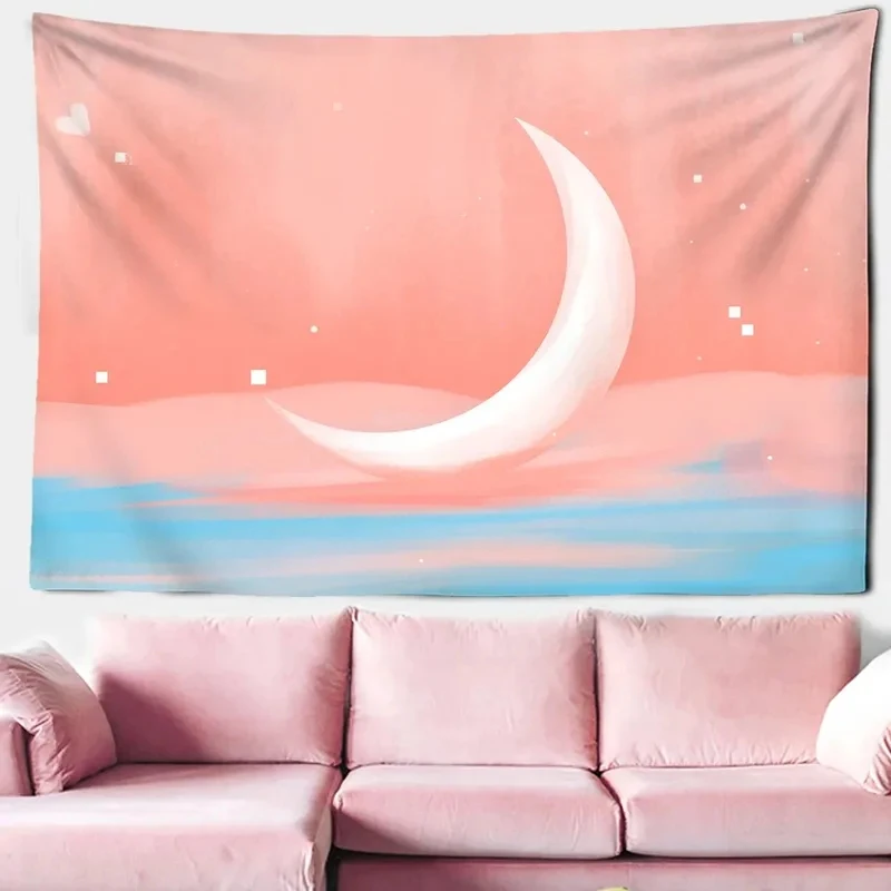 VIKAMA Bohemian Tapestry Pink Cloud Moon Star Sky, Wall Hanging Art for Living Room Bedroom Dorm Home Decor