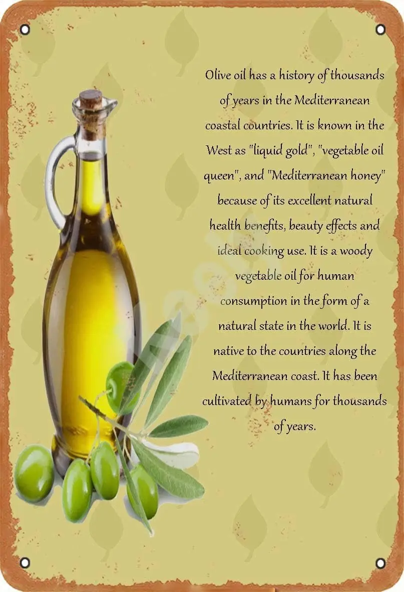 Olive Oil Introduction Metal Vintage Tin Sign Wall Decoration 12x8 inches for Cafe Bars Restaurants Pubs Man Cave Decorative