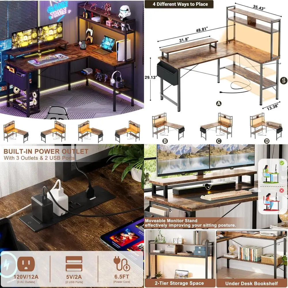

Compact L-Shaped Gaming Desk with Integrated Power Outlets and LED Lighting