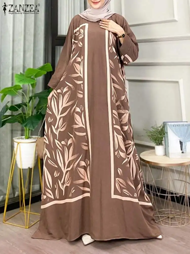 ZANZEA-Robe Maxi Longue Style Bohème pour Femme Musulmane, Abaya, Hijab, Éducatif, Dubaï, Turquie, à Manches sulf, Kaftan Imprimé, à la Mode