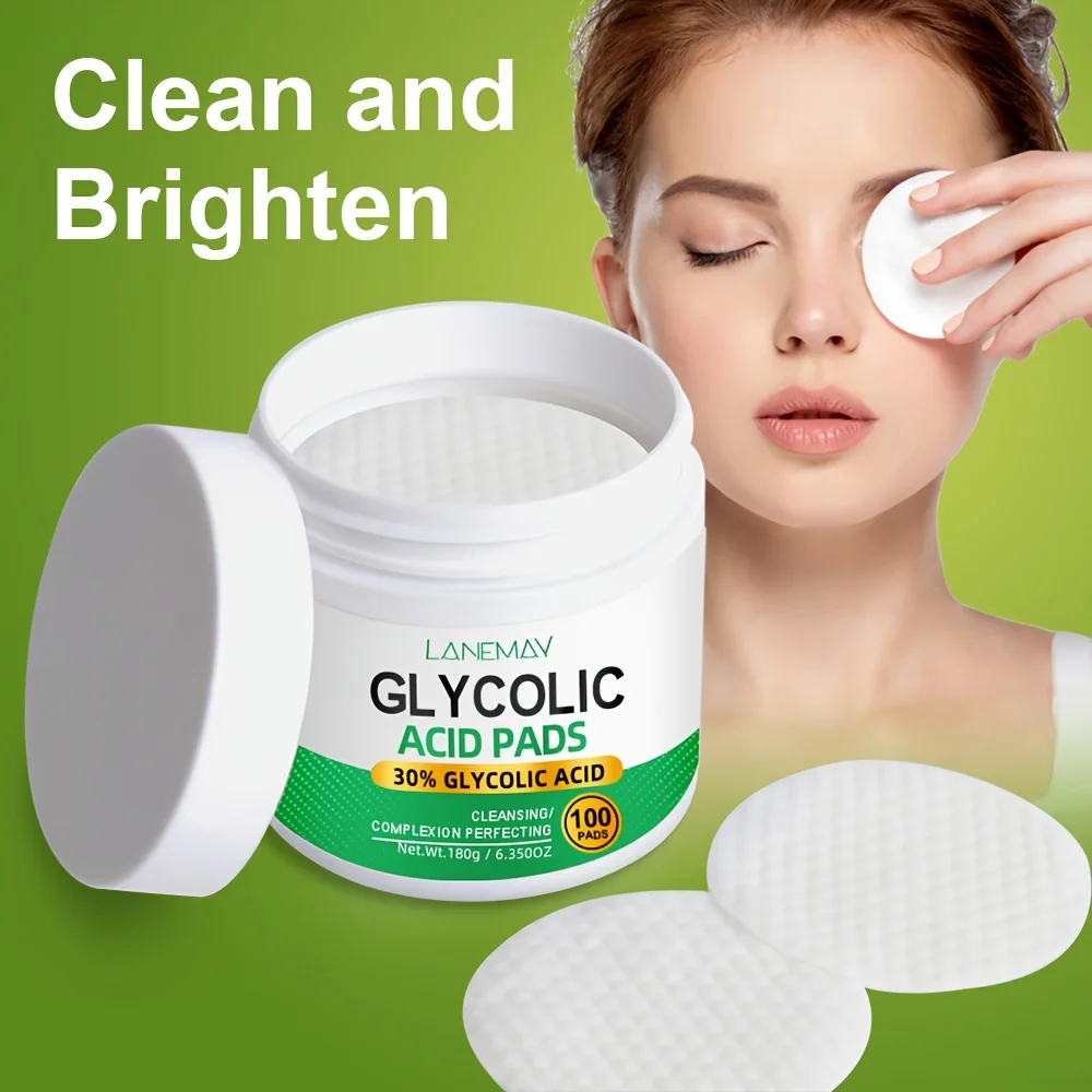 100 Count Glycolic Acid Pads with Vitamin B5, C & E, Brightening Flakes for Face, Niacinamide & Glycerin Infused, Skin Cleansing