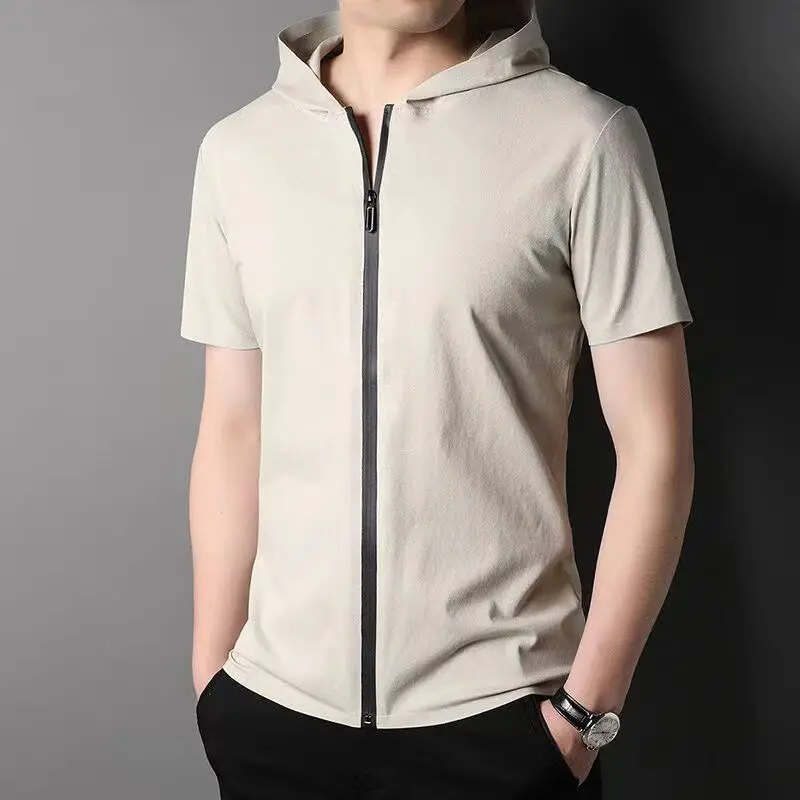 2024 Summer New Trendy Simple Casual Loose Breathable Fashion Solid Color Zipper Short Sleeve Hooded Cardigan Coat for Men