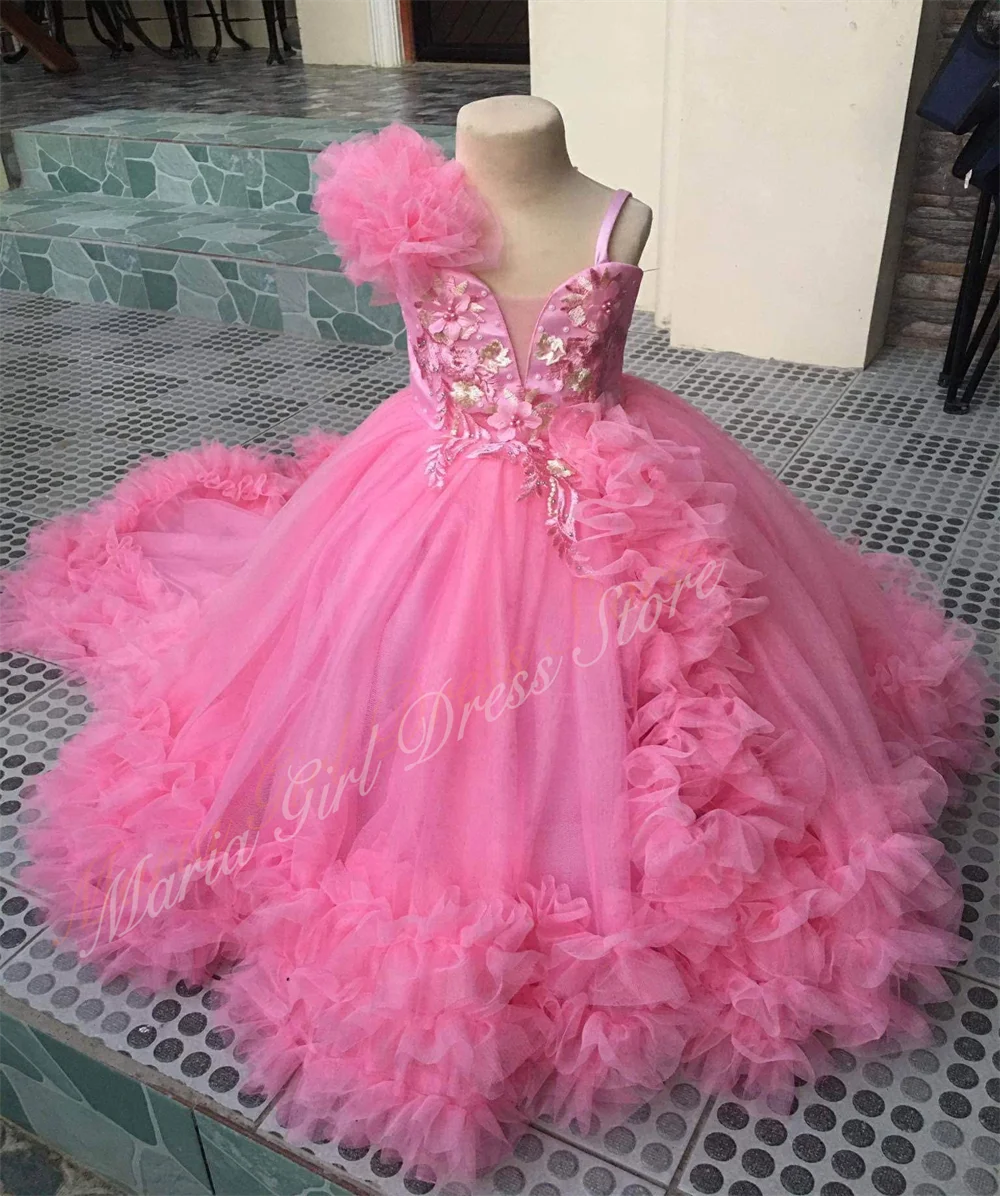 Luxury Pink Flower Girl Dress with Fluffy Train Design Children's Party and Pageant Dress Perfect for Little Girls' Birthdays