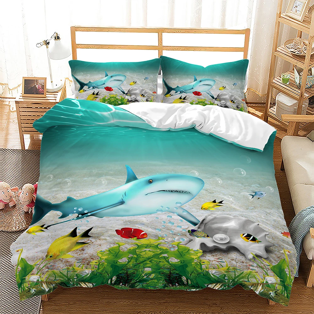 

Комплект постельного белья из льна с пододеяльником и изображением акулы, дельфина, рыбы, морской рыбы