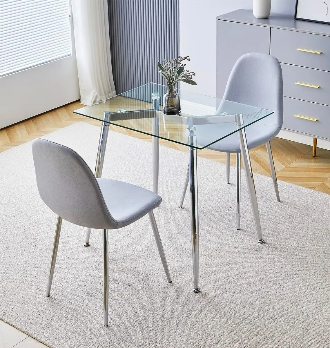 Furniture Cullompton Table and Chairs Set 2, Rectangular Glass Dining Table and Grey Fabric Chairs, Kitchen Table and