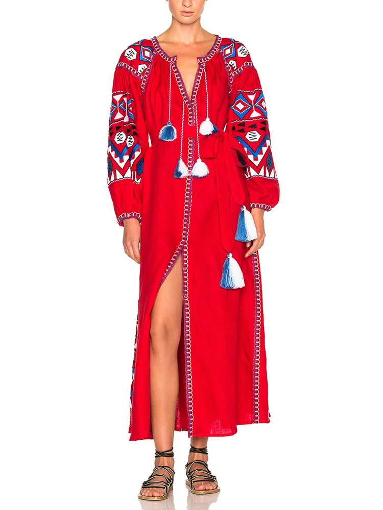 

Bohemian Dresses For Women 2023 Ethnic Style Vintage Embroidery Dress Round Neck Tassel Tie Long Sleeve Midi Dress With Belt