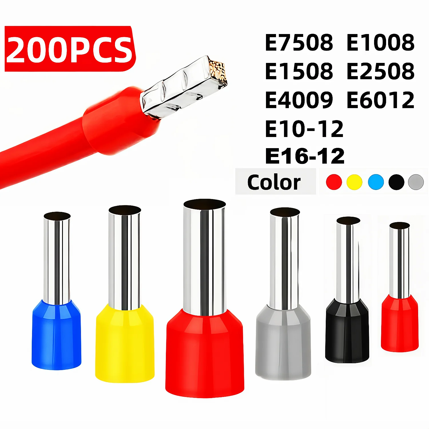 200pcs TEMINUO Wire Ferrule Terminals, 7 Sizes Different Colors Ferrule Connectors AWG 22-7 0.75-10mm², Pin Terminal Connectors,