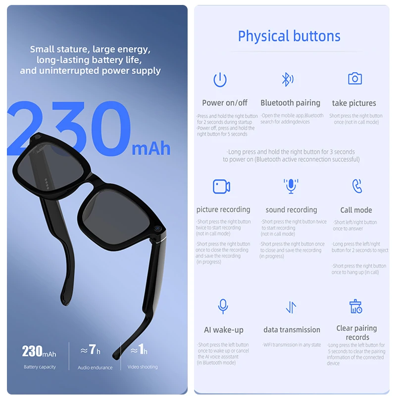 AI Smart Glasses object recognition Real-Time Translation Voice Assistant Noise Reduction APP Built-in storage Smart Glasses