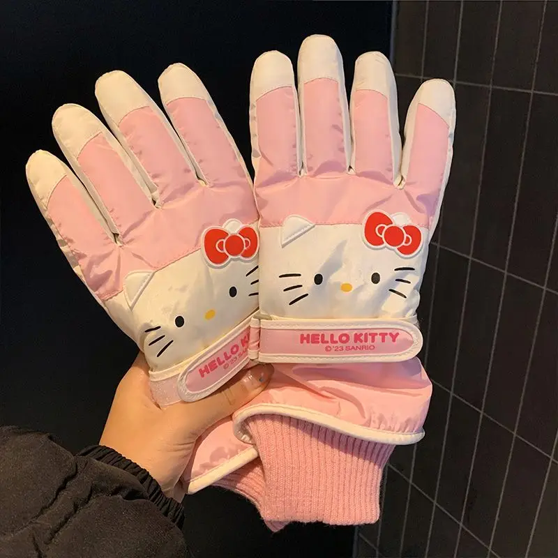 

2025 New Hello Kitty Pink Ski Gloves for Women Cute Fleece Lined Thickened Waterproof Warm Cycling