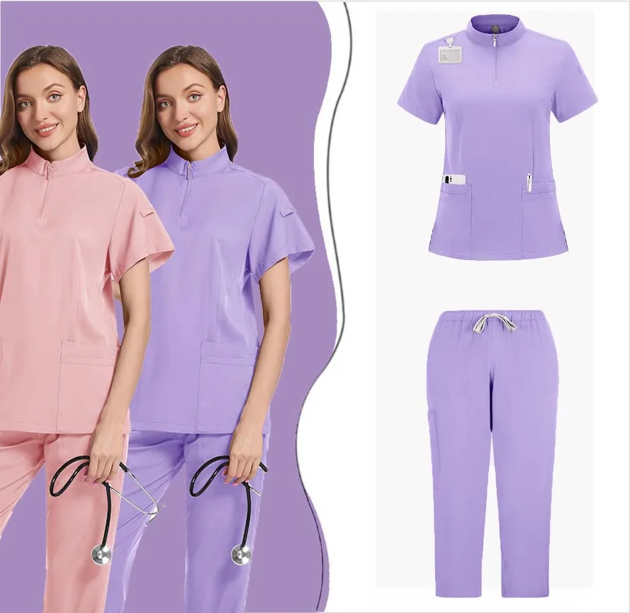 

Комплект медсестры, женская повседневная одежда с короткими рукавами, аптечная рабочая одежда, воротник-стойка на молнии, медицинская больничная униформа для врачей и медсестер