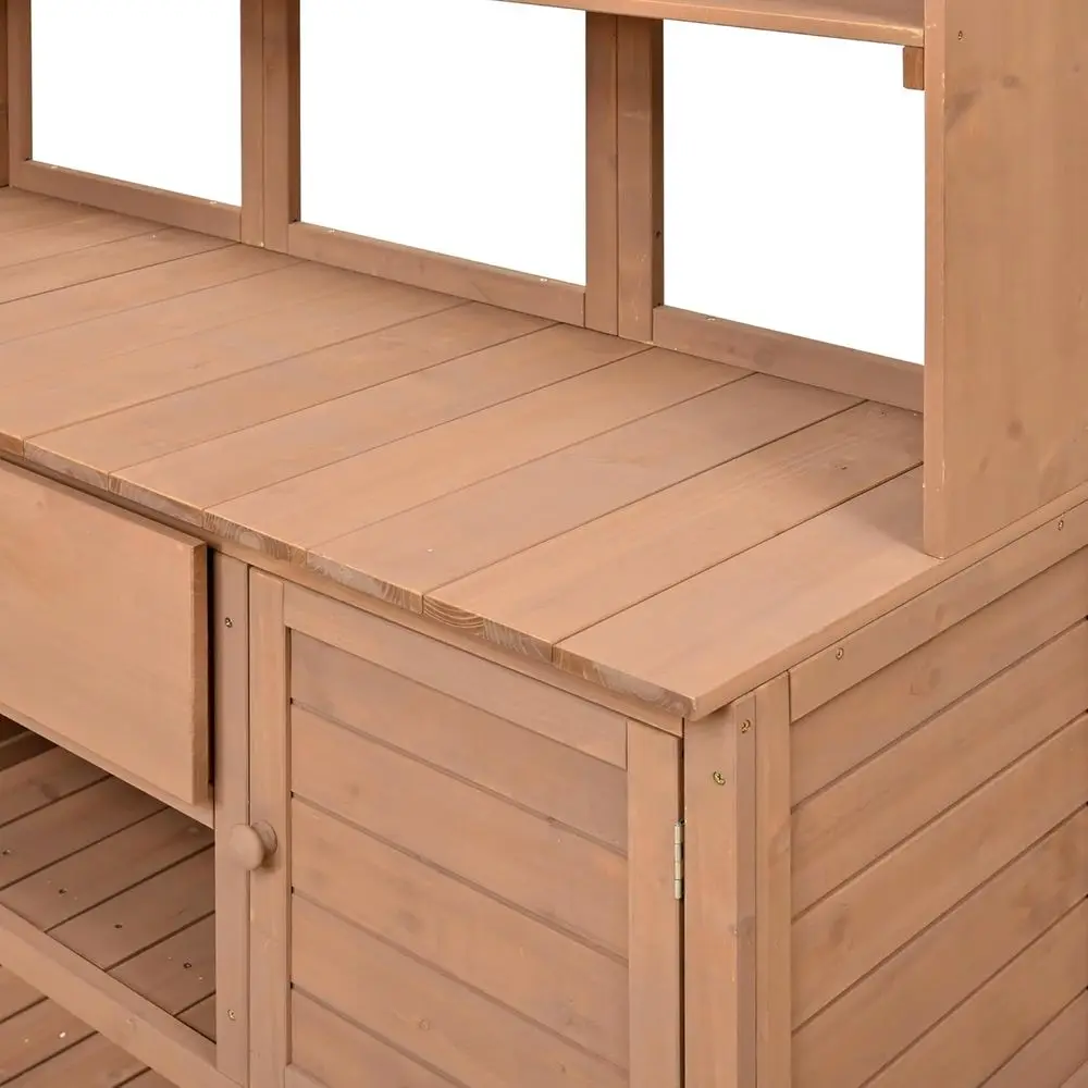 Banc d'empotage de patio élégant en bois avec clapier, tiroir et étagères réglables pour le jardinage extérieur (marron)