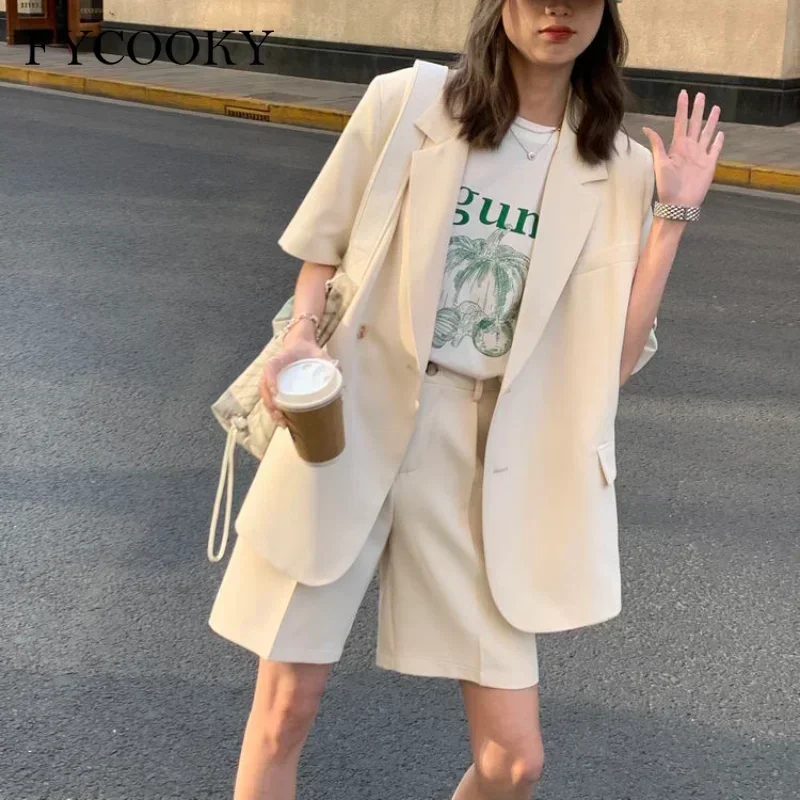 Casual Korean Loose 2 Piece Women Short Set with Blazer Summer 2025 Thin Short-sleeved Blazers + Shorts Office Ladies Suits