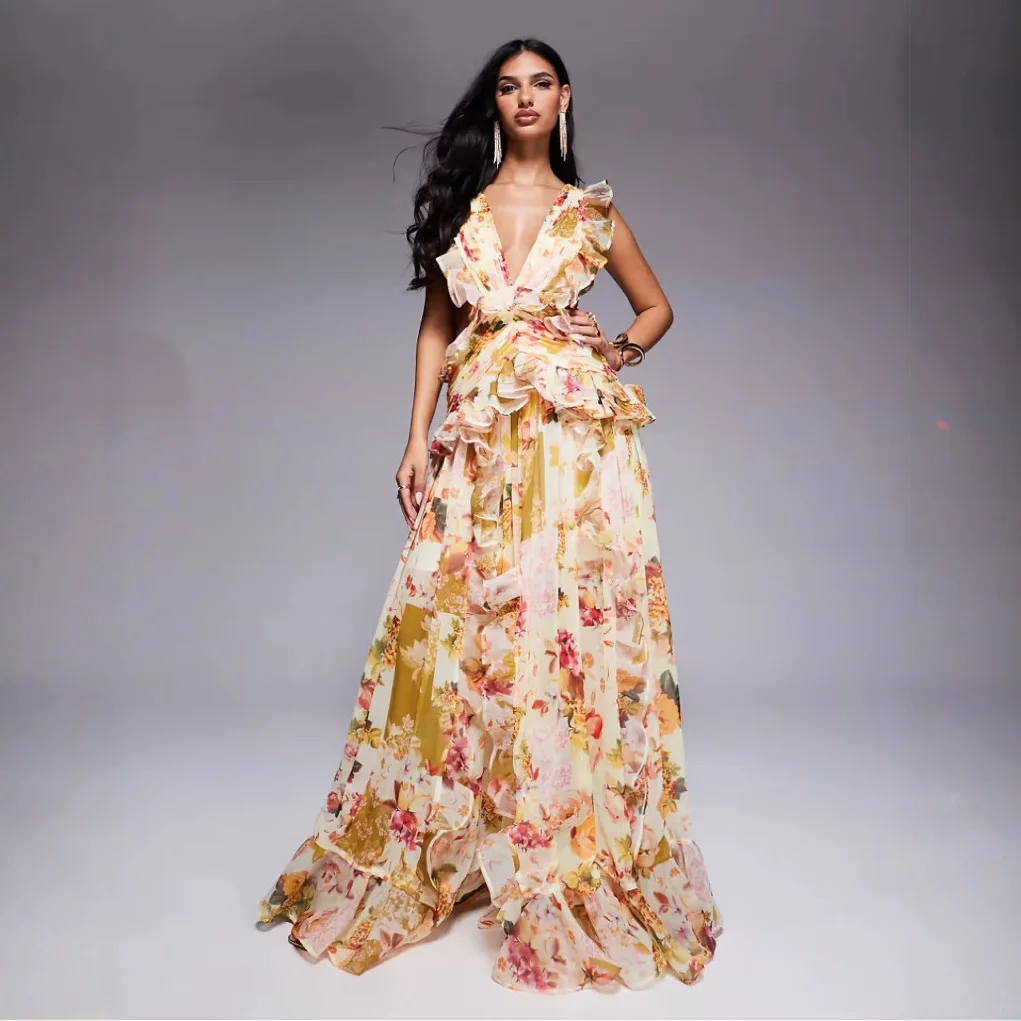 

New Arrival European and American Sexy Women's Dress, Fashion Elegant Spaghetti Strap Ruffled V-Neck Printed Midi Dress