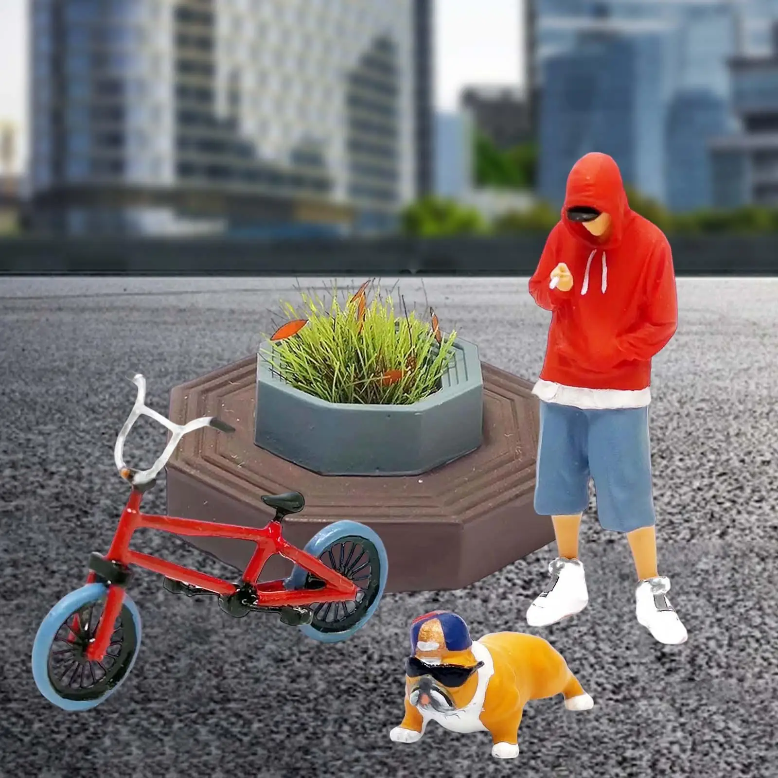 4 Pieces 1:64 Scale People Model Boy Figure with Flowerbed, Bicycle and Dog Miniature Layout Scenario Sand Table DIY Project