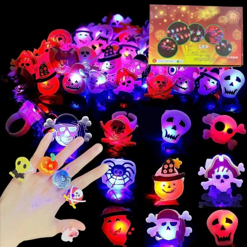 50PCS Halloween Luminous Rings LED Cute Pumpkin Ghost Eye Flash Finger Rings for Halloween Party Accessories Perfect DIY Decor