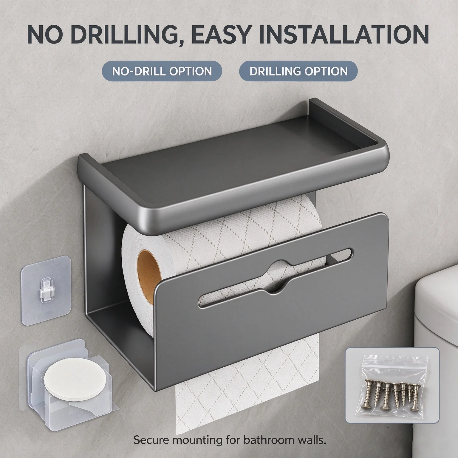Wall-Mounted Toilet Paper Holder with Shelf, No-Drill Bathroom Tissue Dispenser, Smooth Roll Holder for Phone and Small Items