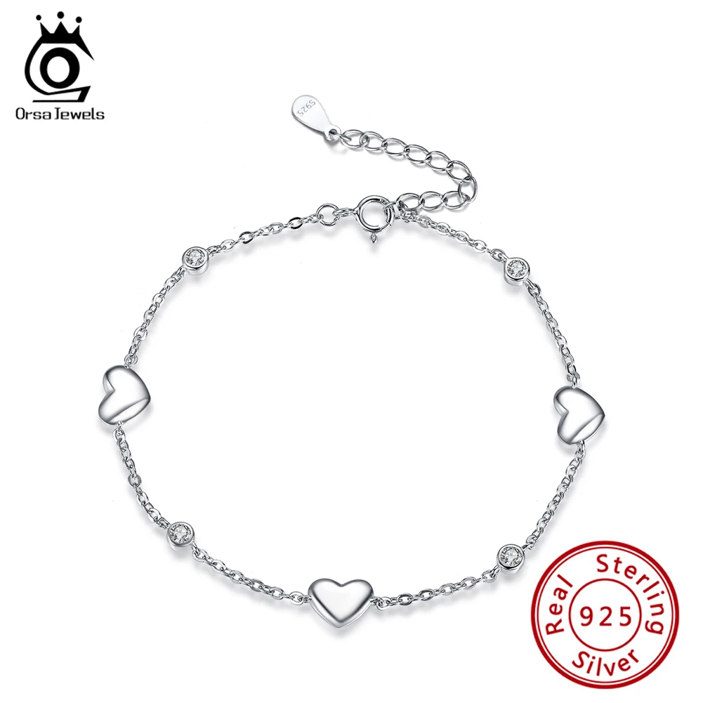 

ORSA JEWELS Sweet Girls Heart Chain Bracelet with Clear Zirconia Fashion Cute Charm Bracelet Party Dainty Handmade Jewelry SB02