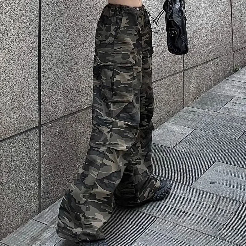 Pantalones vaqueros de pierna ancha con cordón para niña, pantalones vaqueros de camuflaje de calle alta para mujer, pantalones Cargo, pantalones vaqueros finos holgados para mujer 2025