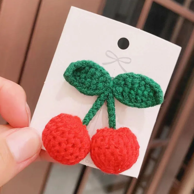 1pc Cute Red Cherry Wool Knitted Hair Clip Sweet Hair Crocheted Tie Hair Accessories Baby Princess Headdress