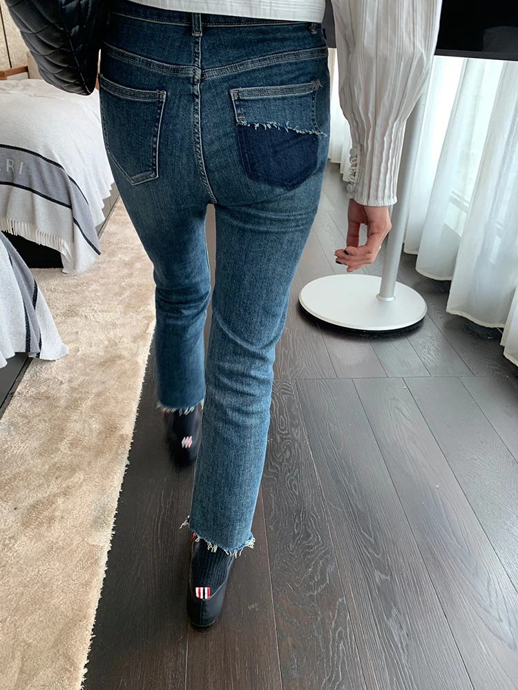 

Джинсы с высокой талией и девятью зубцами, женские осенне-зимние новые облегающие джинсы с потертостями по краю, джинсовые капри, маленькое зрение