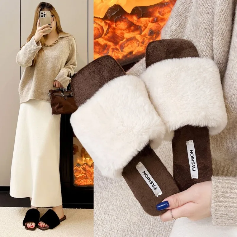 

Fashion Cozy Women Slippers Winter Warm Flat Slippers For Women Indoor House Furry Women Slippers Warm Plush Women Shoes 41