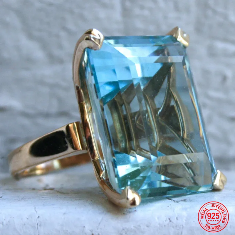 925 Sterling Silver Aquamarine Gemstone Ring For Women Fashion Party Jewelry Gifts Wholesale