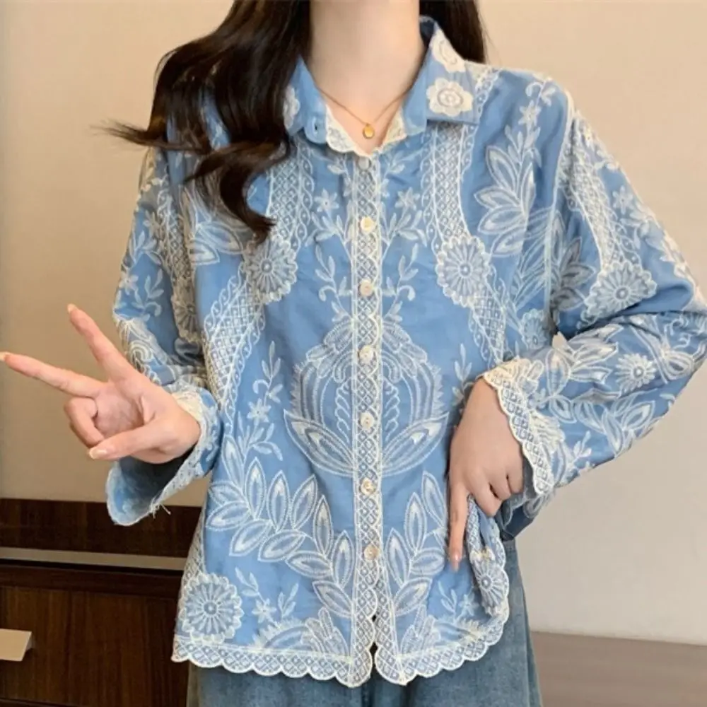 

Fashion Ethnic Style Blouse for Women Cardigans Sweet Embroidery Lace Top Irregular Hem Chic Floral Shirts Vacation