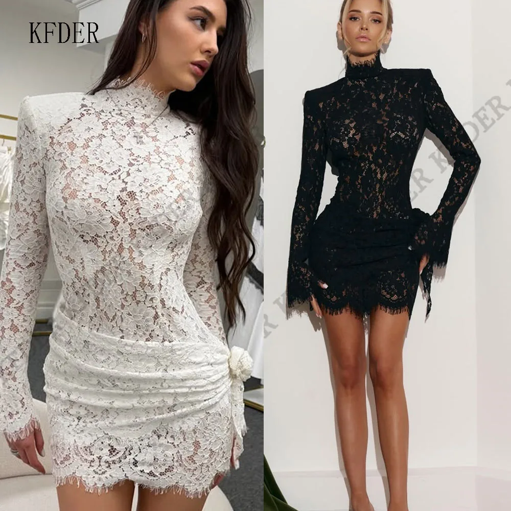 Chic Lace Appliques Prom Dresses Beach Mini Luxurious Party Dress High Neck Pink Long Sleeves Special Occasion Customized