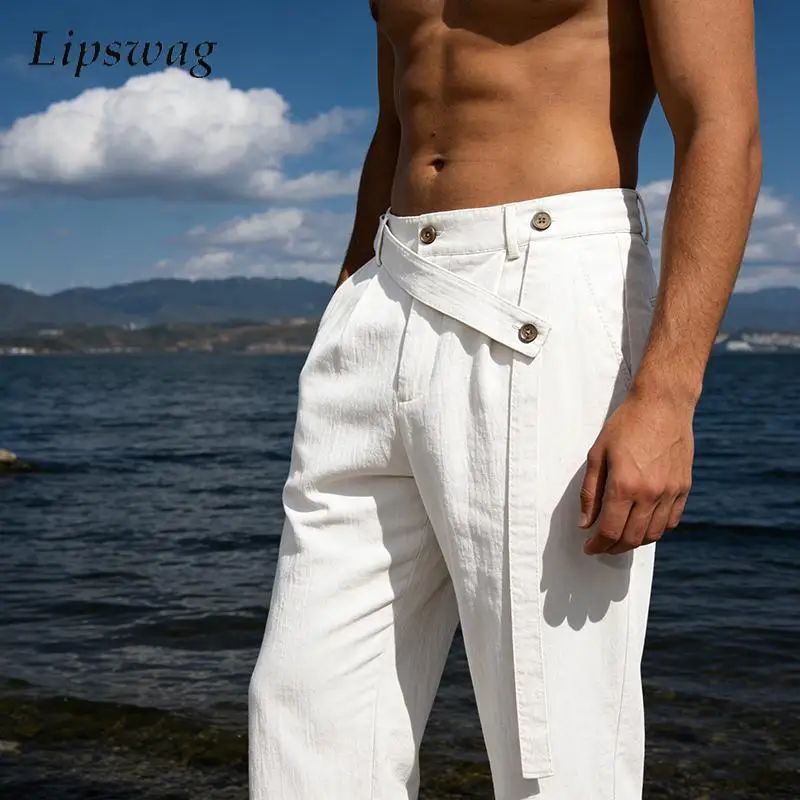 

Trendy Mens Solid Color Straight Pants Spring Summer Casual Loose Linen Trousers Men Vintage Belt-up Design High Waist Trousers
