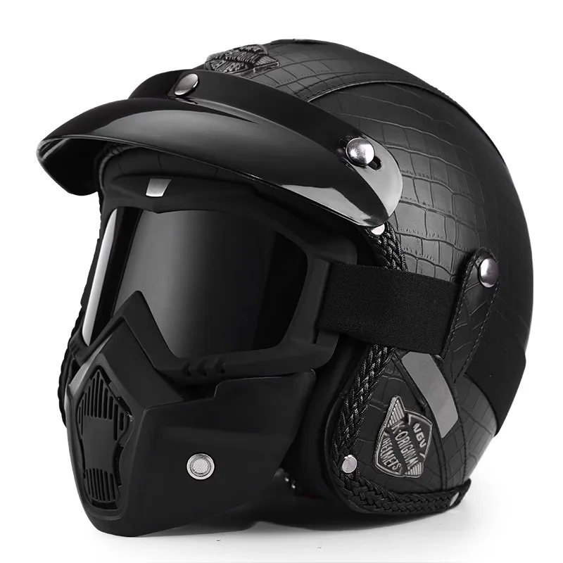 VGV Leather material Vintage Motorcycle Helmet Removable mask 3/4 Helmet open face Unisex adults children&adolescents All season