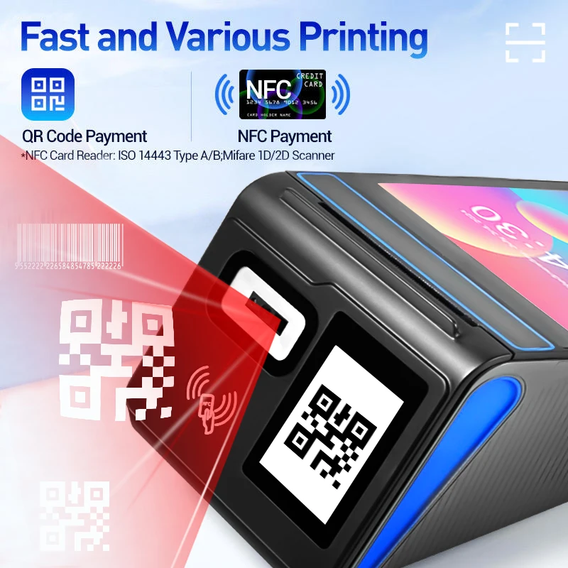 F1-88 8 بوصة يده Pos آلة 4 + 64GB محطة استلام الطابعة أندرويد 14 الكل في واحد شاشة تعمل باللمس أندرويد Pos آلة