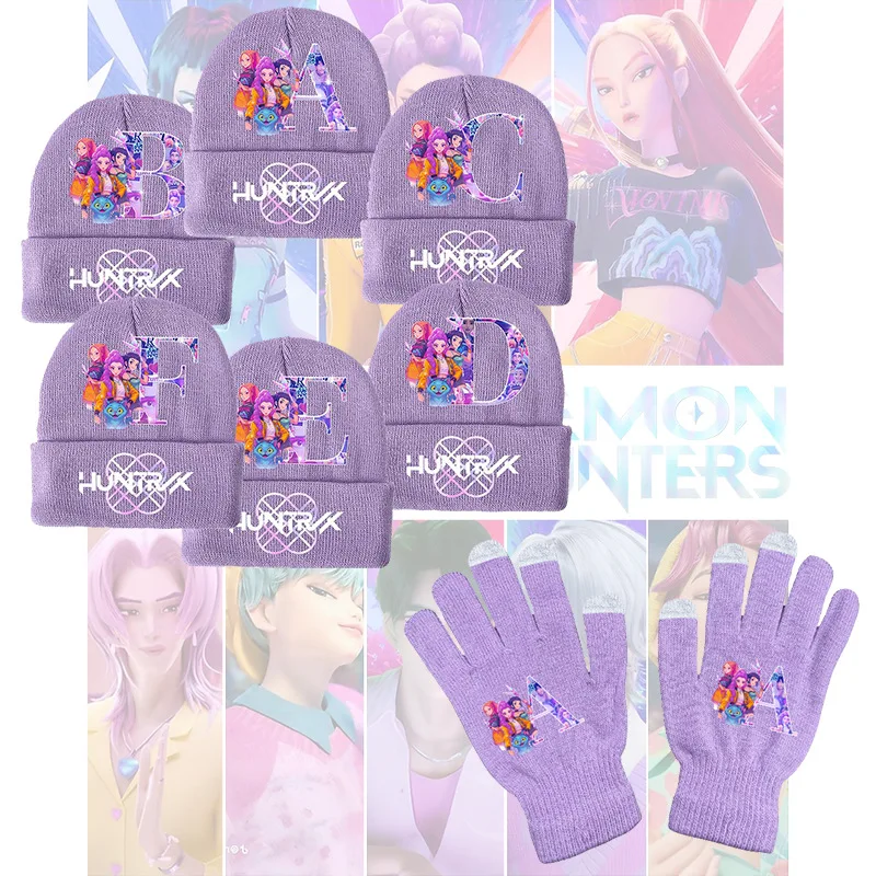 Conjunto de gorros y guantes de punto Kpop Devil Hunter con letras de dibujos animados A-Z, accesorios de invierno impresos, lindos sombreros de lana para niños y niñas.