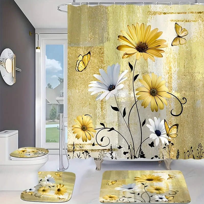 

4-х предметный набор занавесок для душа в ванной комнате с крючками, коврик для унитаза и коврик для унитаза, чехол на сиденье унитаза, полиэфирная ткань