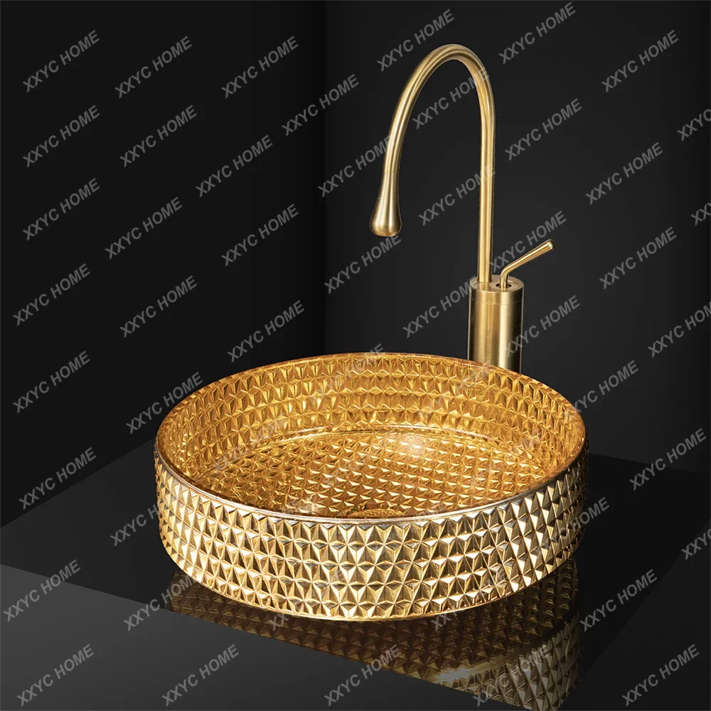 Bathroom electroplating die-casting art glass wash basin Bathroom cylindrical crystal table