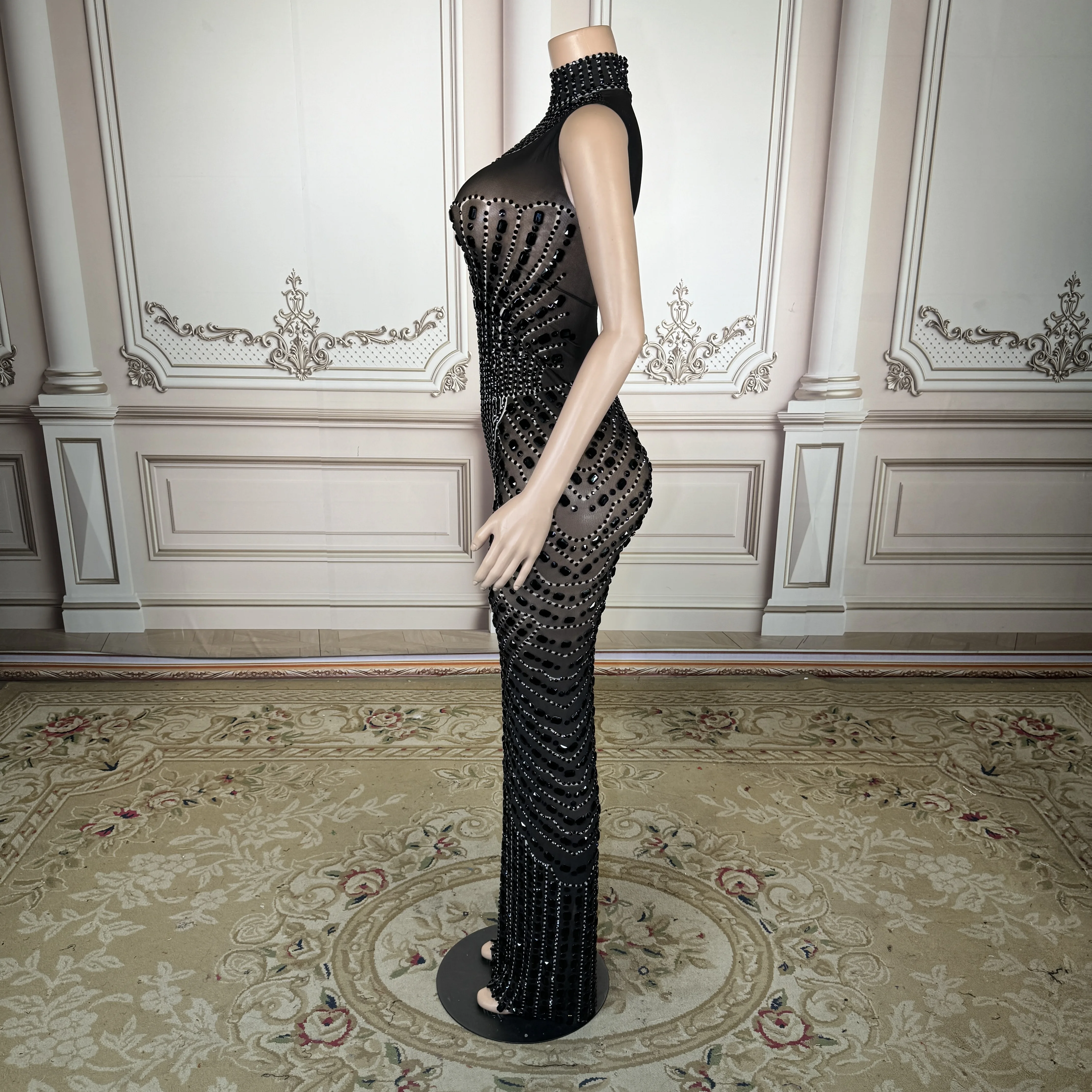 black mesh diamond dress Black Evening Dress Sheer Mesh with Diamond Embellishments Black / S