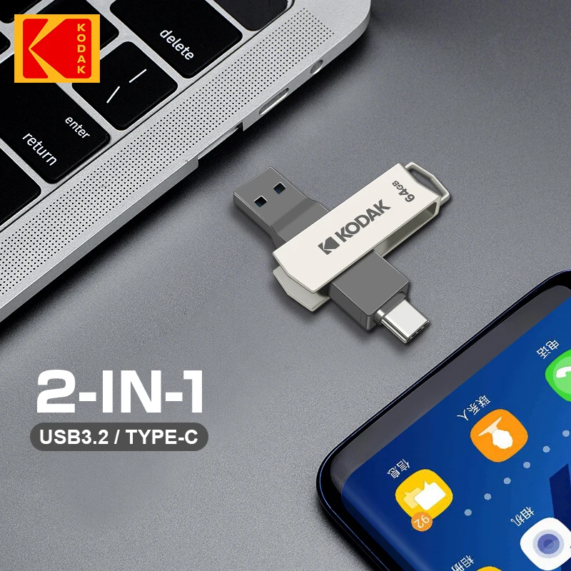 KODAK K273 USB3.2 Unidad flash USB tipo c de metal 64 GB 128 GB Tipo C 2 en 1 Memoria USB dual para computadoras y teléfonos inteligentes