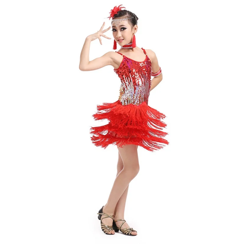 Girls Dance Dress Outfits Sequin Tassel Latin Dress Cha Cha Dress Kids Tango Skirt Carnival Wear Dancewear Latin Salsa Dress