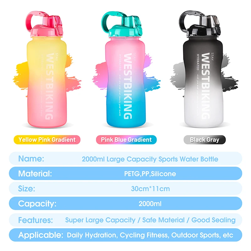 WEST BIKING Thickened Bike Water Bottle 2000ML PETG Fresh Color Sports Portable Cup Cycling Kettle MTB Road Bicycle Accessories