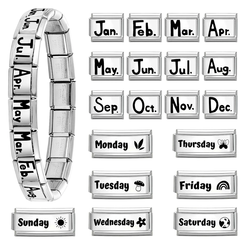 Laser Engraving January to December Monday to Sunday Italian Charm Links Fit 9mm Stainless Steel Bracelet DIY Making Wholesale