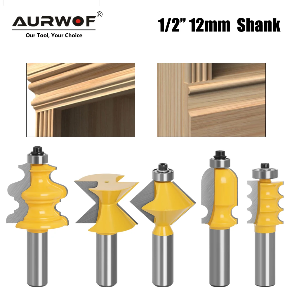 AURWOF 12mm 1/2 Inch Shank Closet Door Top Router Bits Set Wood Carving Carbide Alloy Graver Convex Milling Bits