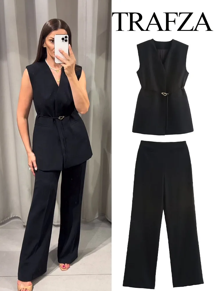 

TRAFZA Women 2 Piece Set Elegant Sleeveless Pocket Belt V-Neck Decorate Casual Vest Top+Side Zip High Waist Loose Wide Leg Pants