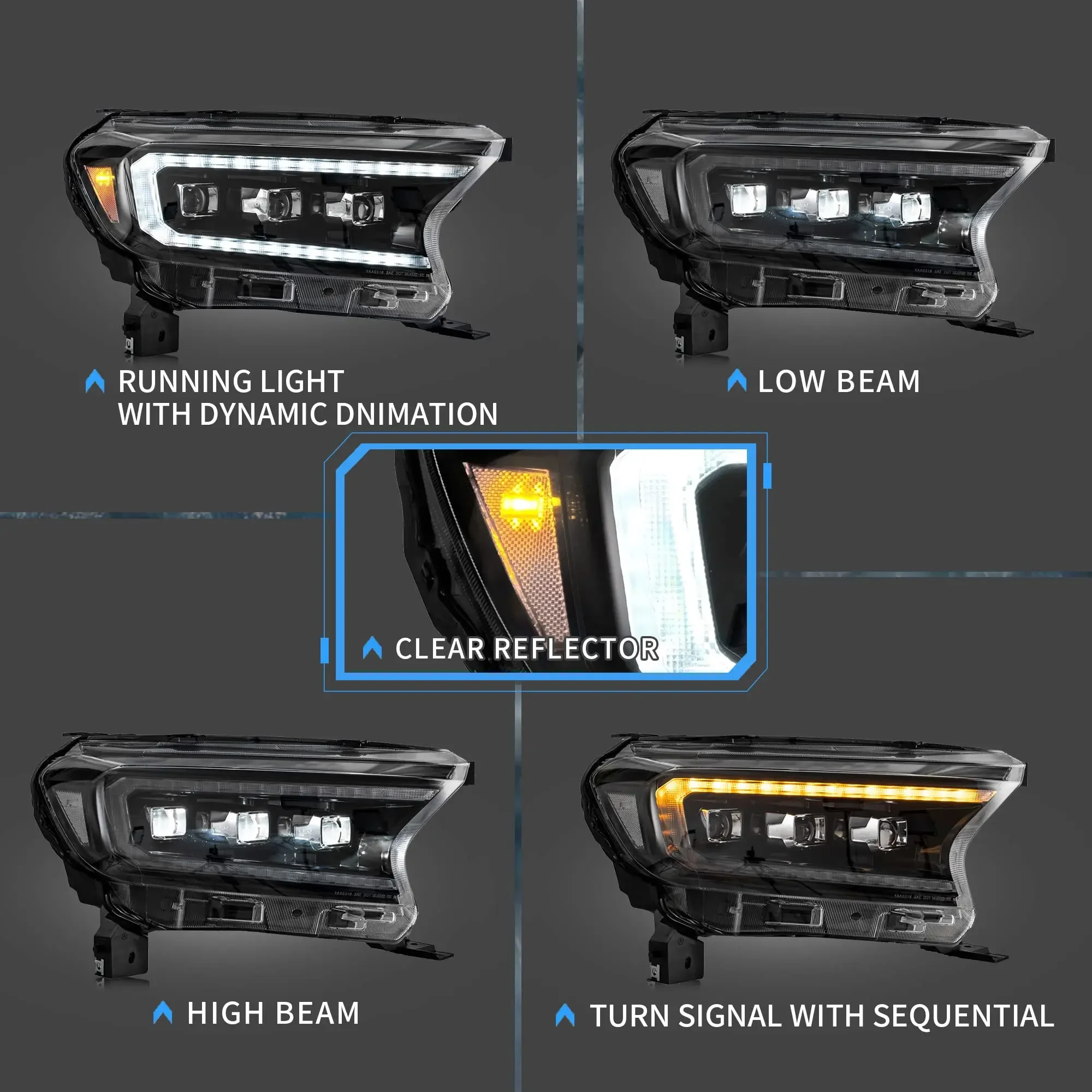 For Ford Ranger T6 2016-2020 LED Headlights Assembly Fit for Projector W/ Dynamic Animation Sequential Clear Reflector