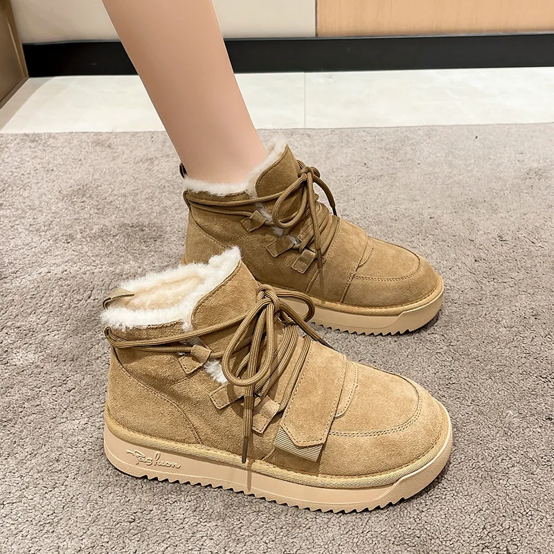 Winter Plush Women Snow Boots Non Slip Warm Women Boots Lace Up Mid Heel Platform Boots for Women Cow Suede Leather Ankle Boots