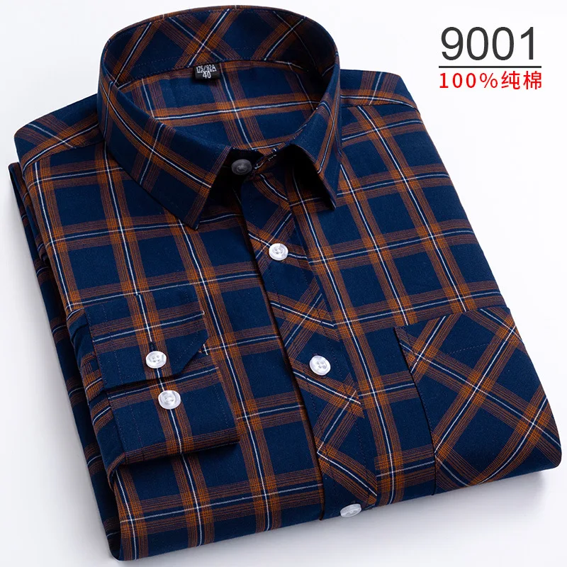 7XL 8XL 100% cotton new autumn/winter men\'s shirt plaid long sleeve Oxford plus size Business casual free ironing slim fit