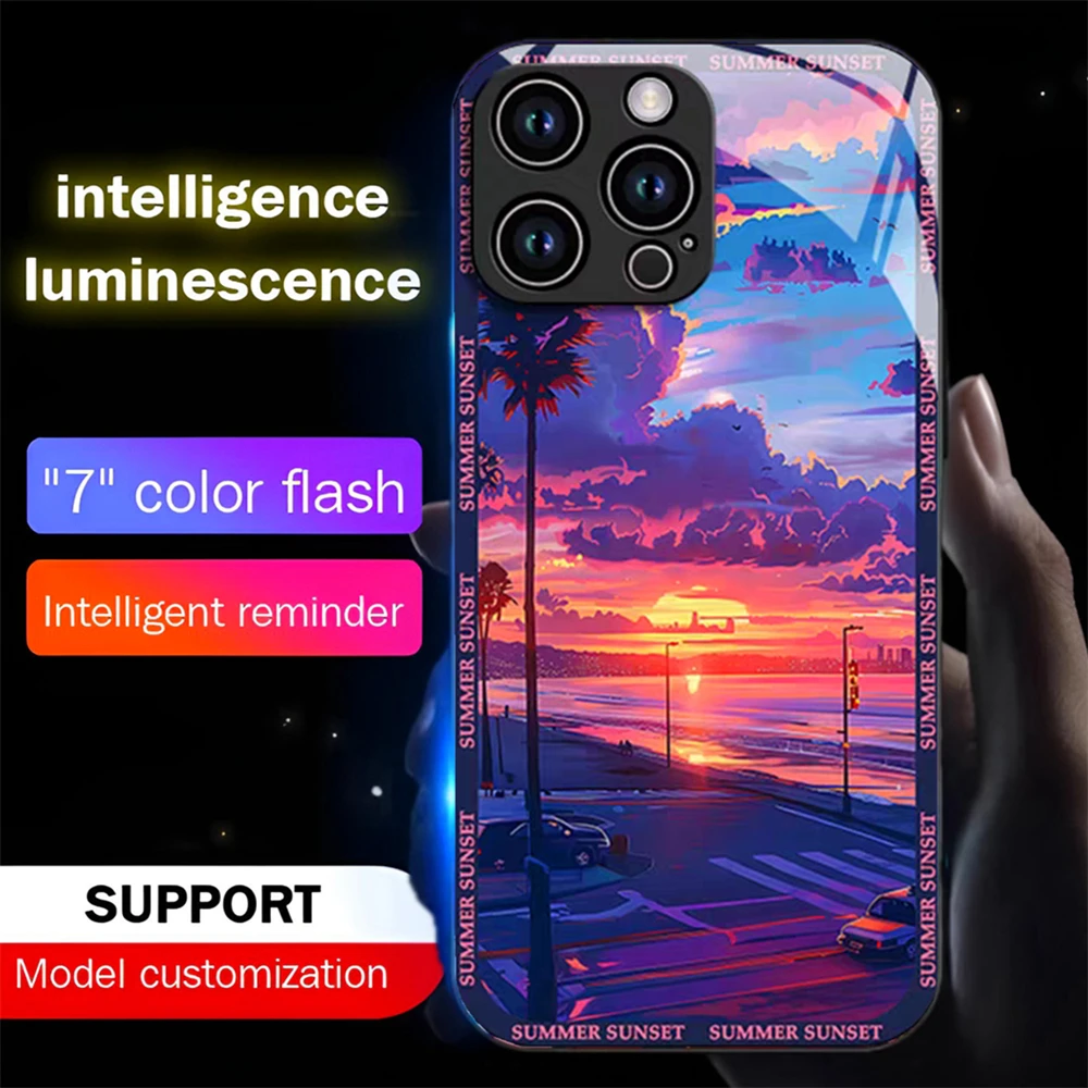 Summer Beach Scenery Sound Music Control Led Light Phone Case Glowing Cover For iPhone Air 17 16 15 14 13 12 11 Pro Max Plus